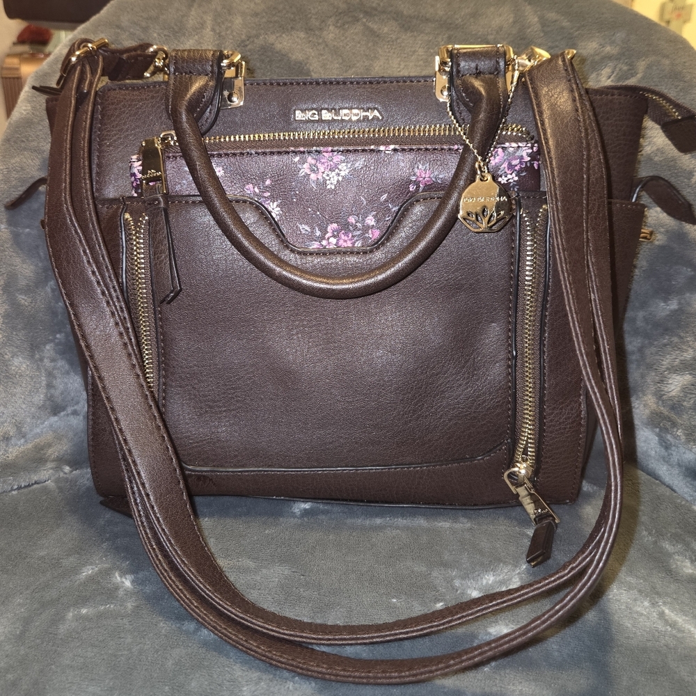 Big Buddha Dark Brown Satchel with Purple Floral Accents